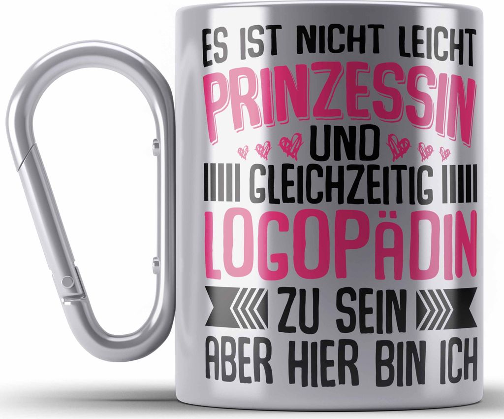 Trendation - Logopädin Spruch Edelstahl Tasse Karabiner Produktbild 