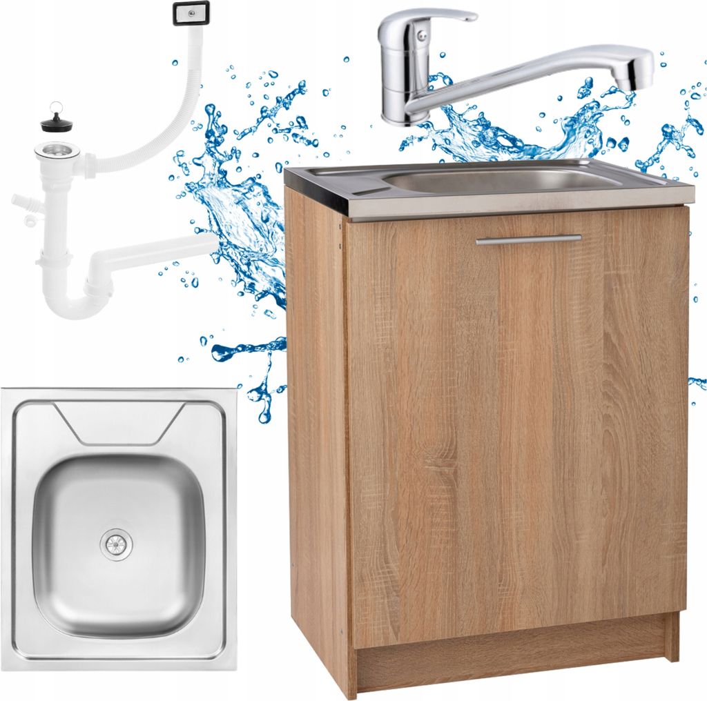 Stamar | Küchenschrank, Sonoma, Spülbecken, Armatur, 60 cm slim, Laminatplatte