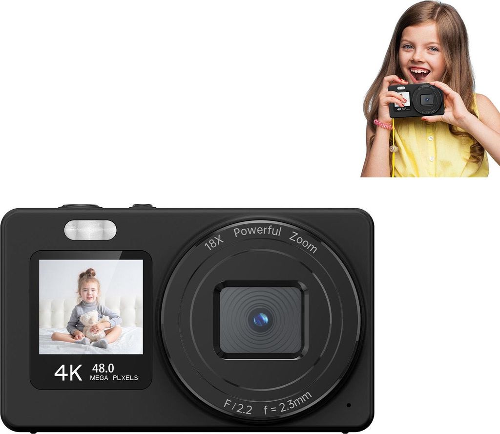 4K Dual-Screen-Digitalkamera, automatischer Fokus, 18-facher Zoom, tragbares 2,4-Zoll-Display für Studenten, Teenager, Kinder, Schwarz