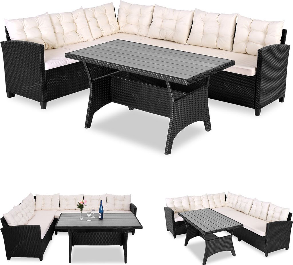 CASARIA Polyrattan Ecklounge Set WPC Esstisch Ecksofa inkl. 7cm Sitzauflagen 15cm Kissen Wetterfest Outdoor Lounge Garten Terrasse Balkon Möbel ...