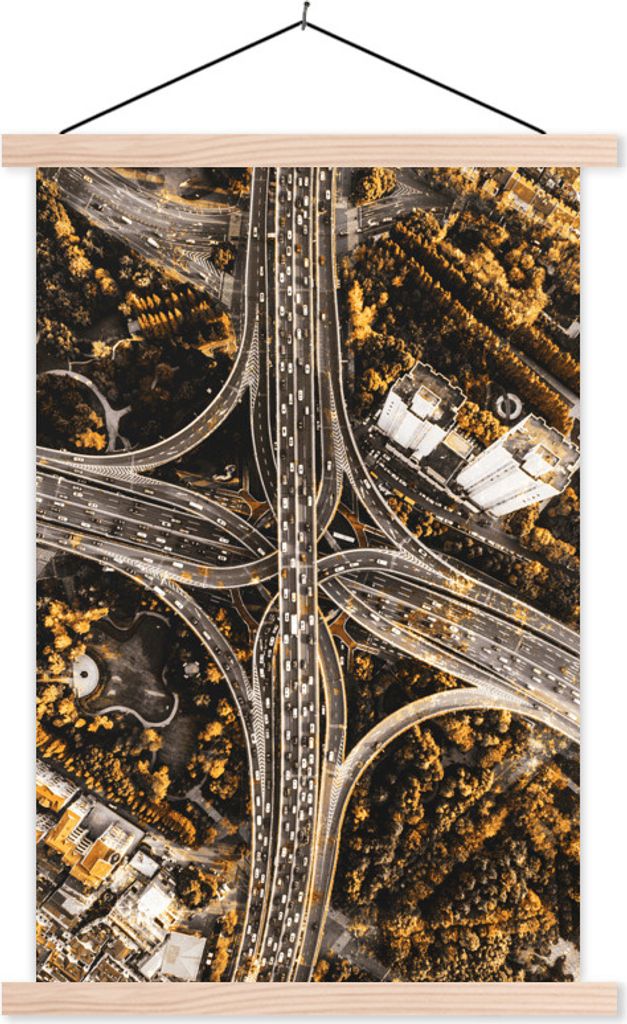 MuchoWow Textilposter Gold - Autobahn - Bäume 60x90 cm mit holzfarbenen Rahmen - Textil