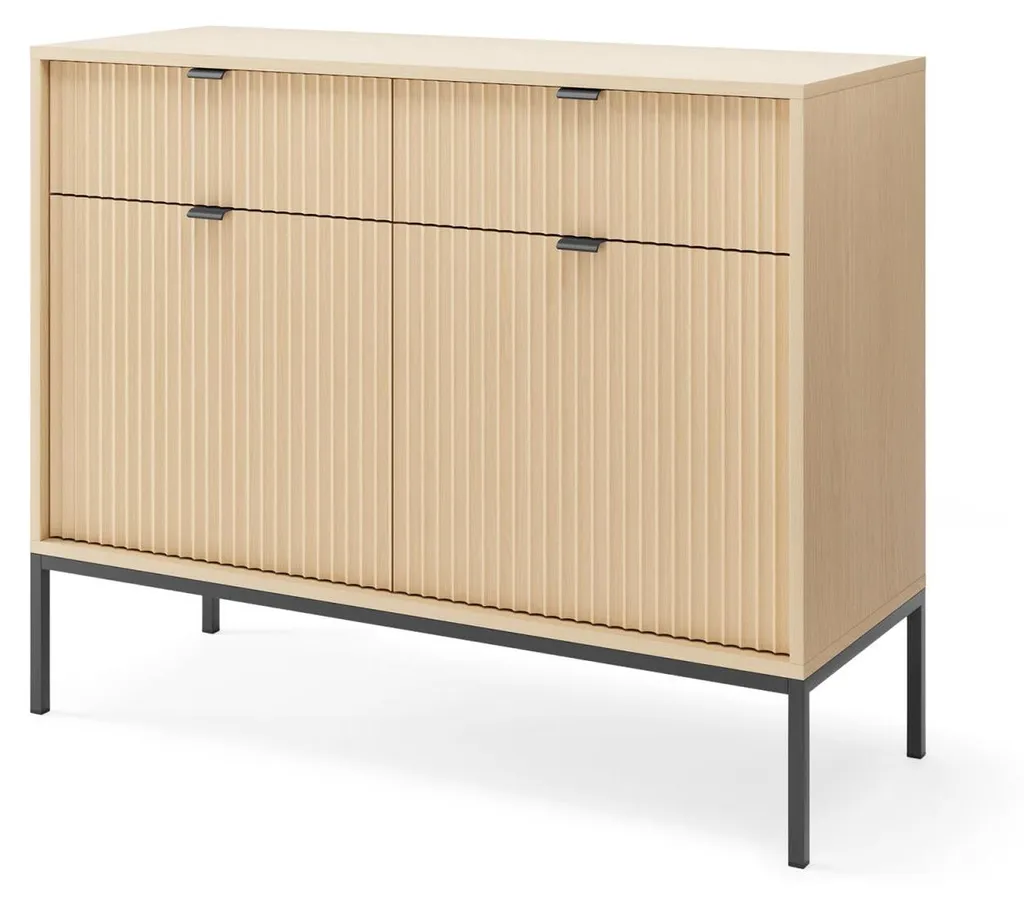 Commode de Salon Chêne Beige et Noir 104 cm - Meuble Bas de Rangement Chic