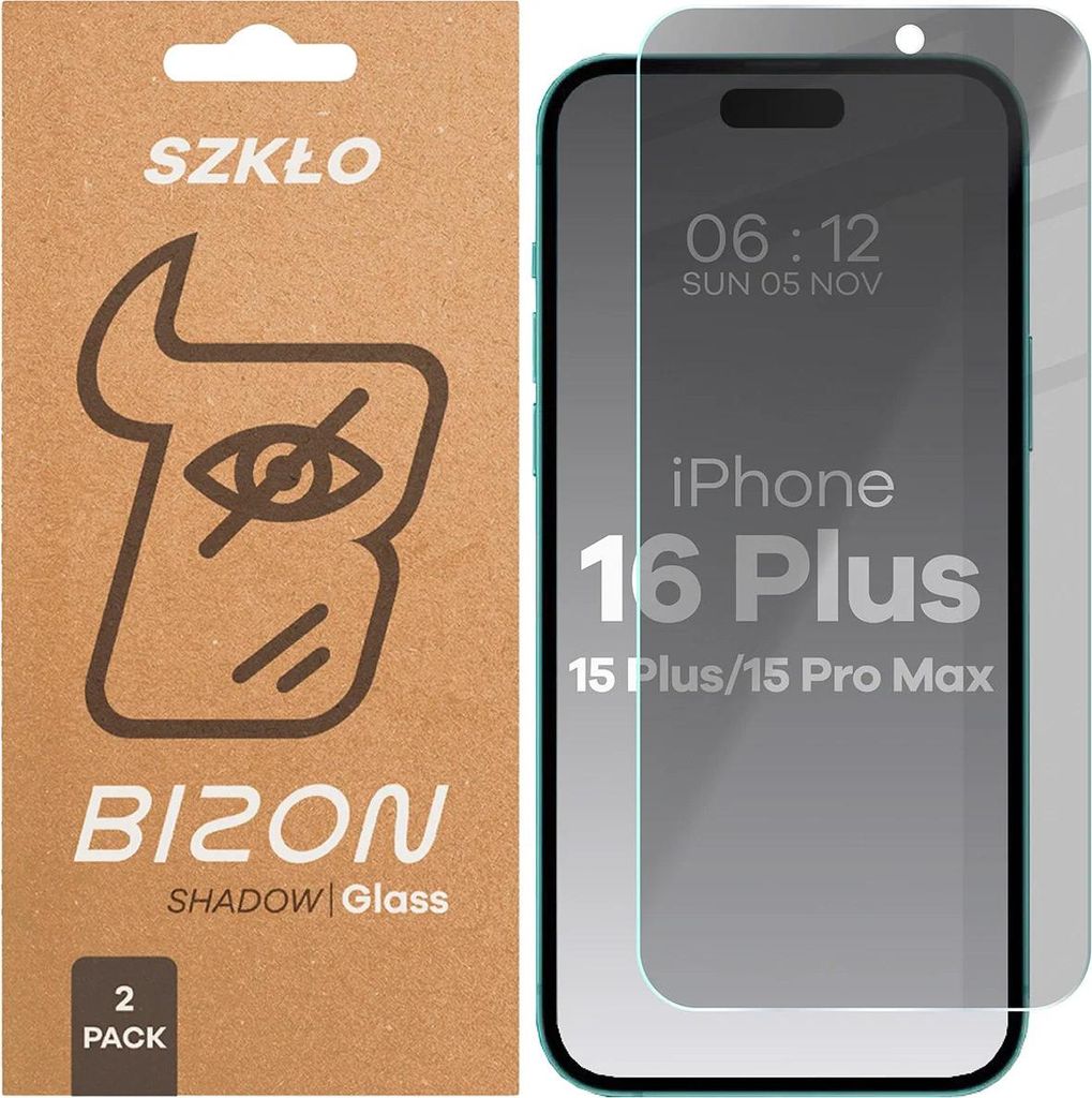 Gehärtetes Glas mit Privatschutzfilter für iPhone 15 Plus / 15 Pro Max / 16 Plus, Bizon Glass Clear Shadow Duo, getönt, 2 Stück