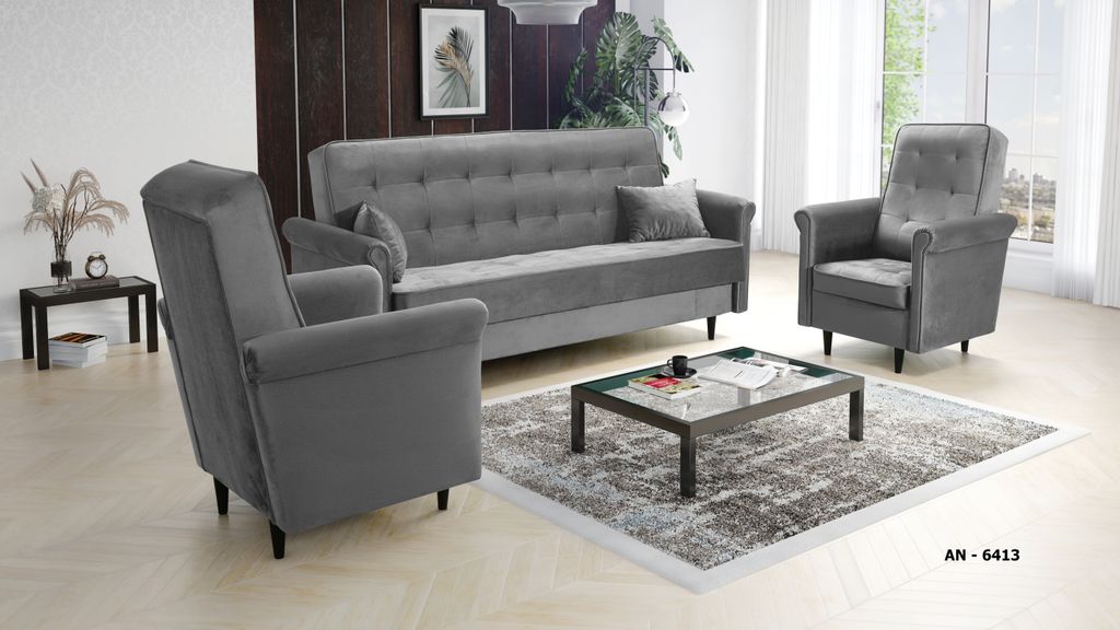 Couchgarnitur 3-1-1 ORLANDO, Couch mit Schlaffunktion und Bettkasten, Couch + 2 Sessel - Grau