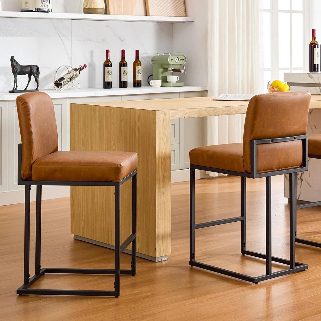 Barhocker - 2er-Set - Mit Kunstleder-Bezug - Mit Rückenlehne - Metallgestell - Tresenhöhe für Kücheninsel - Braun