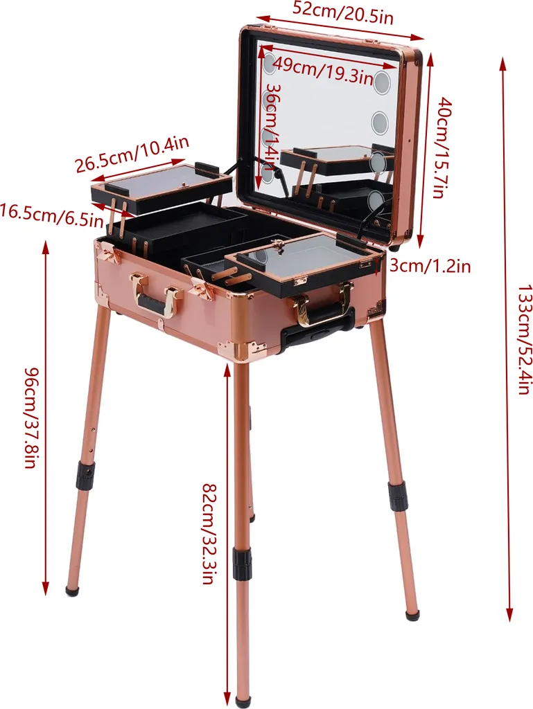 Mallette Coiffeuse de Maquillage à Roulettes avec Éclairage et Tablettes - 9