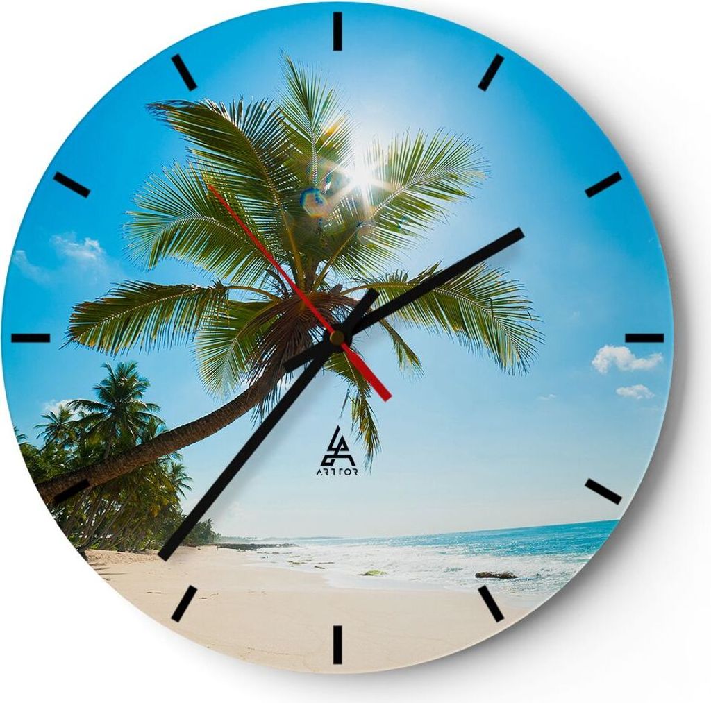 Wanduhr - Rund - Glasuhr - Strand Palme Meer - 30x30cm - Schleichendes Uhrwerk - Lautlos - zum Aufhängen bereit - Dekoration Modern - Wanddekorati...
