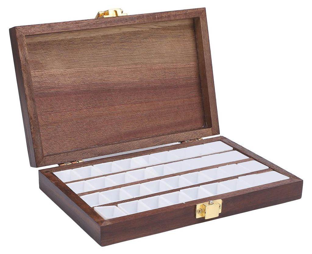 Aquarellpalette mit 36 Näpfchen aus Walnussholz, inklusive Deckel, ideal für unterwegs