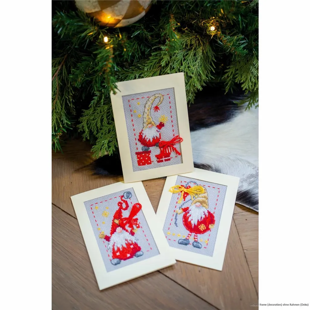 Set 3 Biglietti Natale Gnomi Vervaco - Ricamo Punto Croce Contato - 10