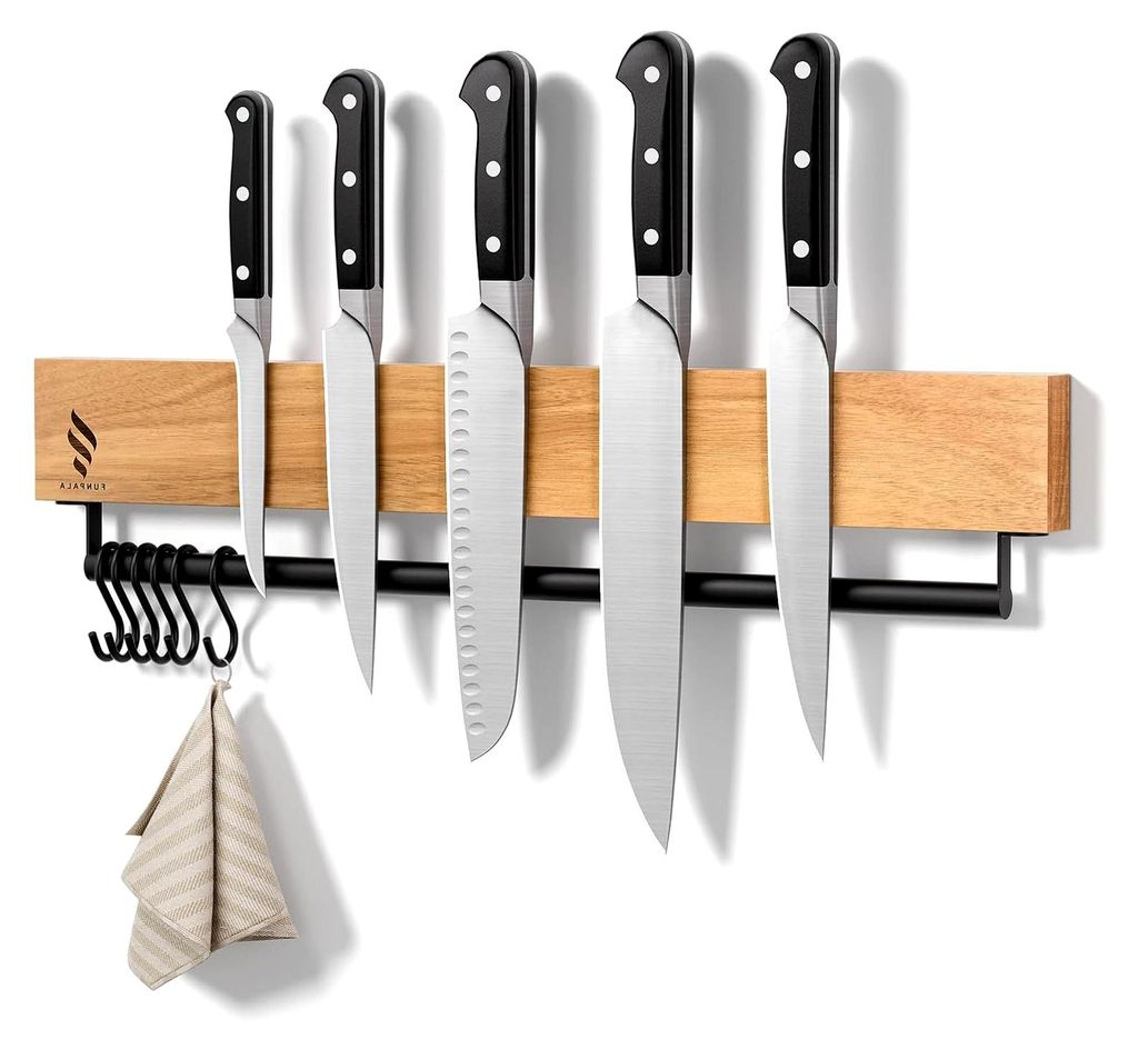 Magnetleiste für Messer mit 6 Haken, 40 cm Holz Messerhalter mit starkem Magnet