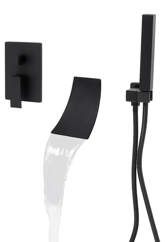 Wasserfall Armatur - Wandmontage Duscharmatur mit Handbrause - Bad Duschsystem Mischbatterie - Messing - Schwarz