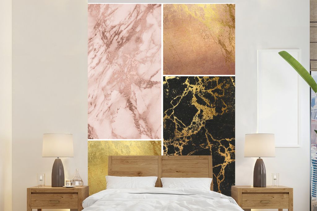 MuchoWow Fototapete für Wohnzimmer oder Schlafzimmer Wandtapete Vinyl Motivtapete Marmor - Collage - Gold - 180x280 cm - Wallpaper