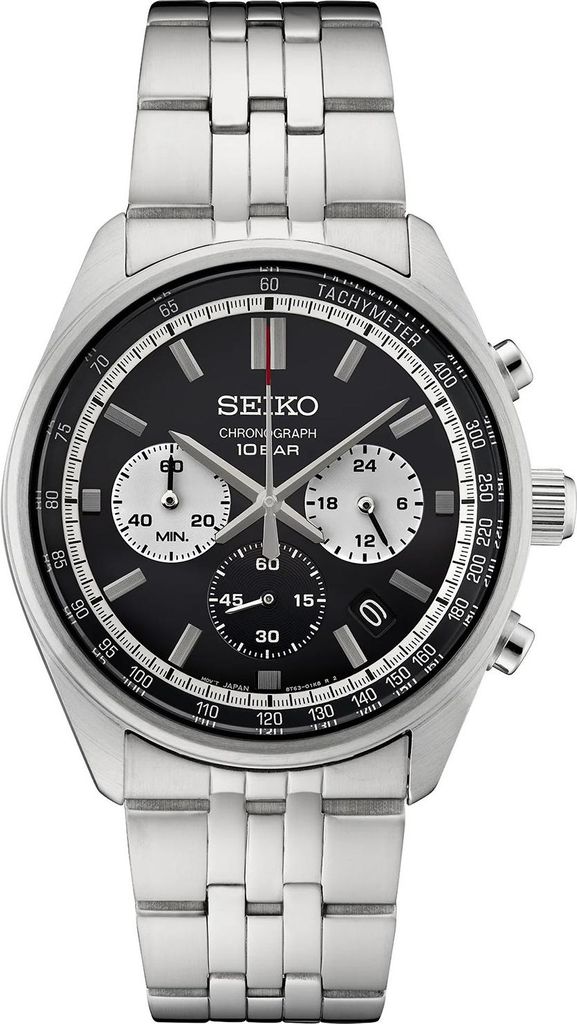 A close-up studio shot of a men's chronograph watch.