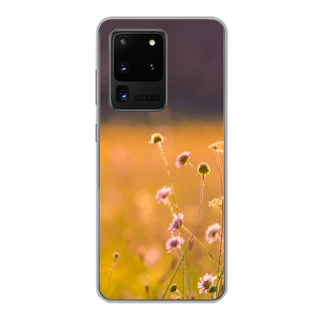 MuchoWow Handyhülle Schutzhülle Hülle für Samsung Galaxy S20 Ultra Blumen - Hell - Rosa Silikon Softcase Handy Hülle - Karteninhaber