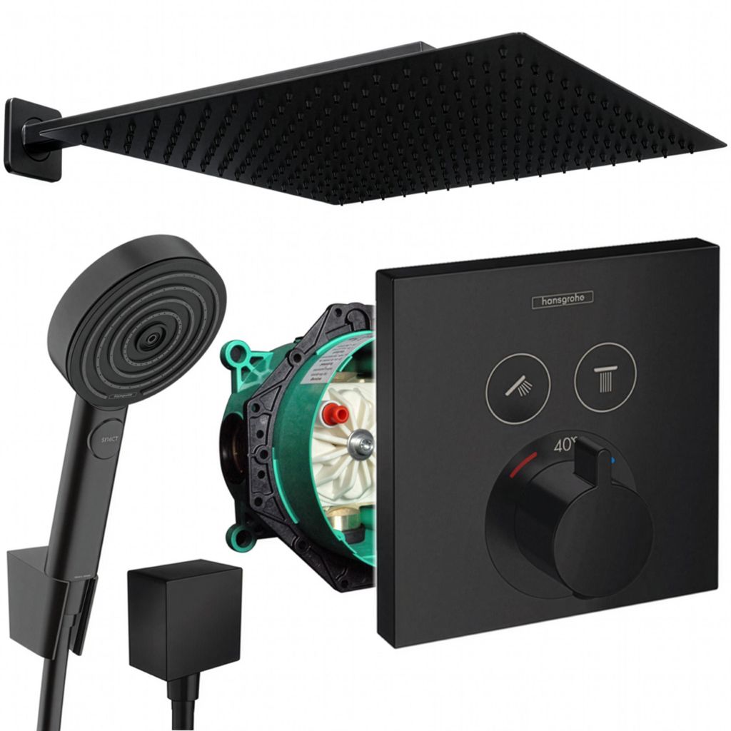 Hansgrohe und Jowi Unterputz Duschsystem ShowerSelect Thermostat, Schwarz, 360x360 mm Kopfbrause