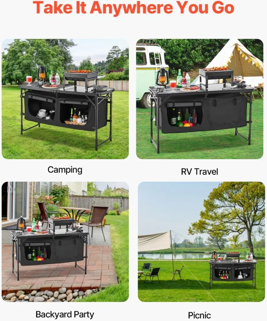 Table de cuisson camping pliante pour barbecue - Cuisine mobile noire - 7