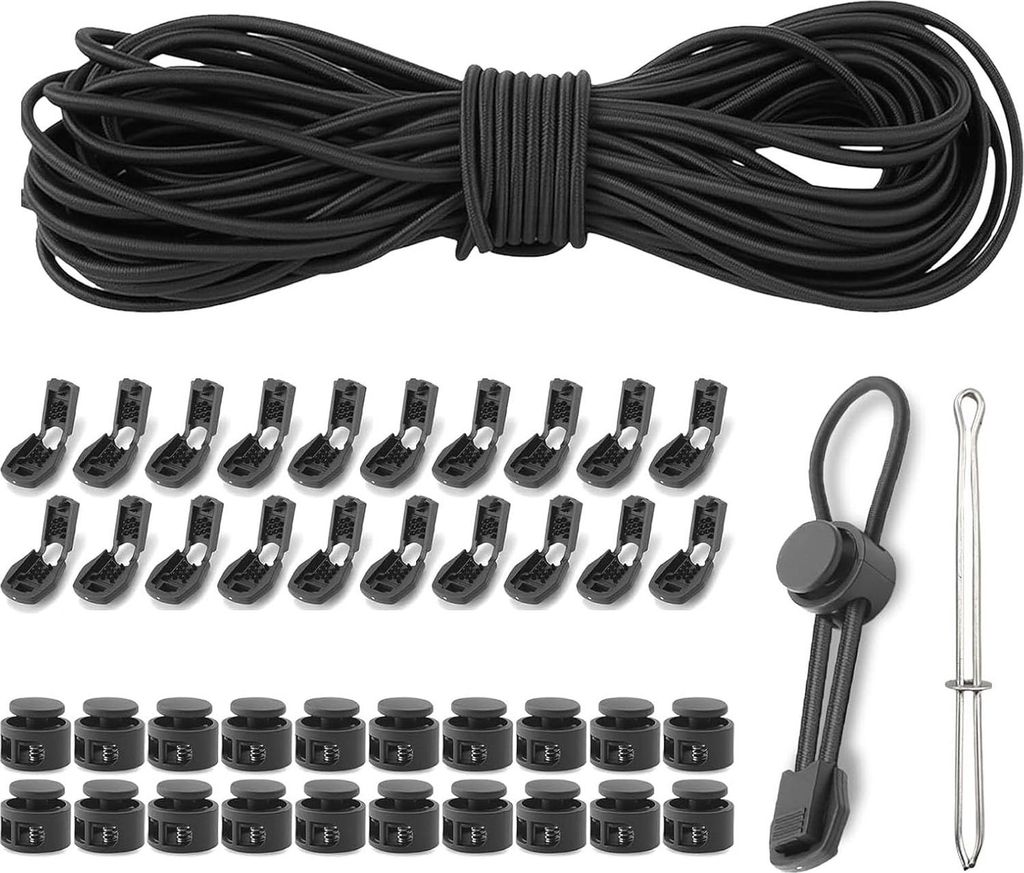Elastisches Rundseil Set, 10m × 3mm, Schwarz, mit 20 Kordelstoppern und Zubehör für Rucksack und Gummikordel