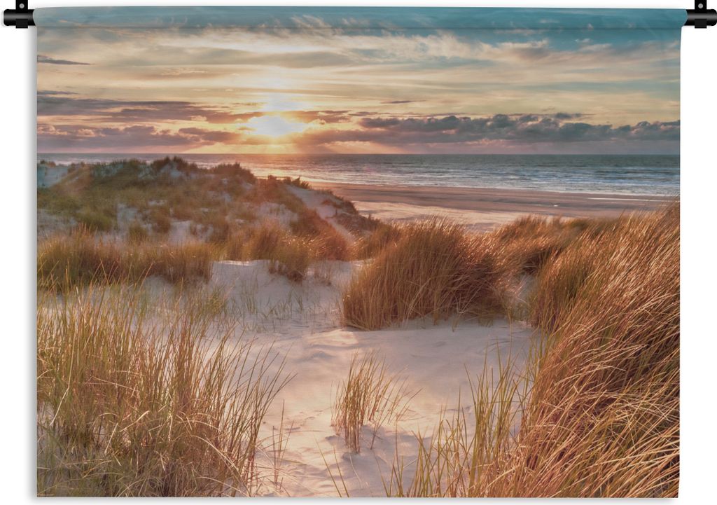 MuchoWow Wandteppich Wandbehang Düne - Pflanzen - Sonnenuntergang - Strand - Meer 90x67.5 cm Tapisserie Dekoration Wandtuch - Fototeppich - Wand...