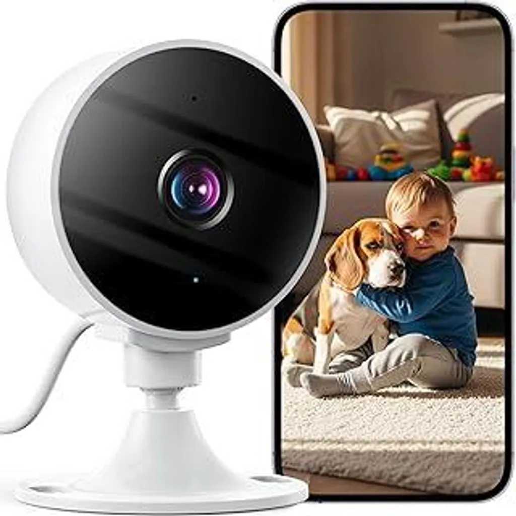 Telecamera di sorveglianza interna 2K 3MP, baby monitor Wi-Fi e telecamera per animali domestici con rilevamento del movimento, audio bidirezionale, visione notturna, compatibile con Google Assistant, SD/Cloud, solo Wi-Fi 2,4 GHz