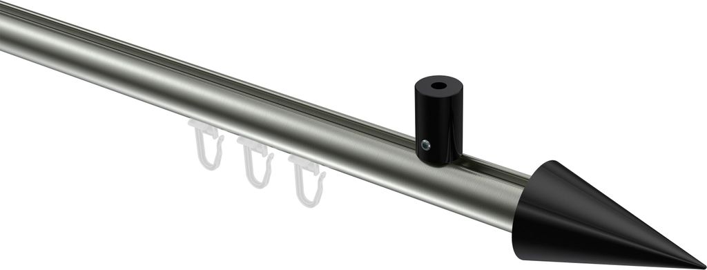 Interdeco Innenlaufstange / Gardinenstange mit Innenlauf Edelstahl-Optik / Schwarz, Typ Sonius Savio (Kegel) Deckenmontage, 20 mm Ø 1-läufig, 240 cm