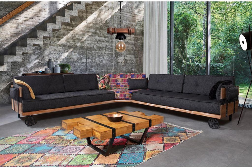 Couch Loft Polster Ecksofa Möbel auf Rädern Ecksofas Eckgarnitur Sofa 2tlg.