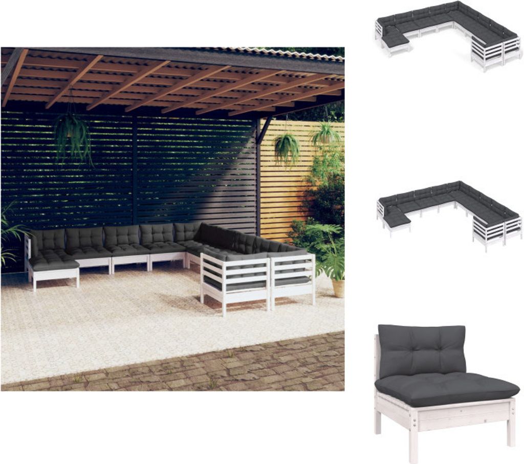 vidaXL 11-tlg. Garten-Lounge-Set mit Kissen Weiß Kiefernholz - Gartenmöbel-Sets