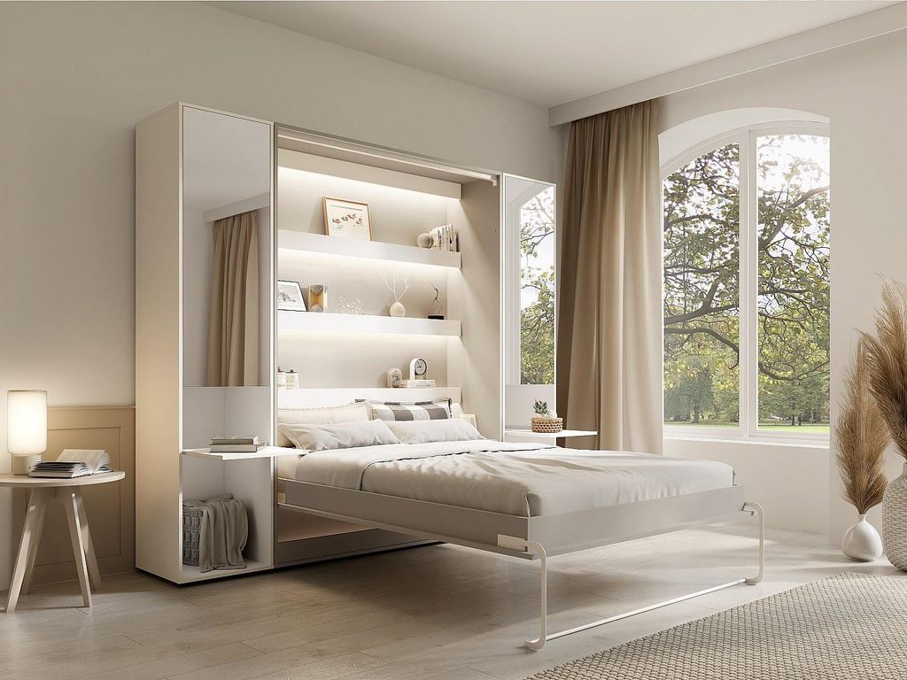 Vertikal im Schrank verstautes Bett 140 x 200 cm – 2 Aufbewahrungssäulen – Mit Spiegeln und LEDs – Beige – RAPILI