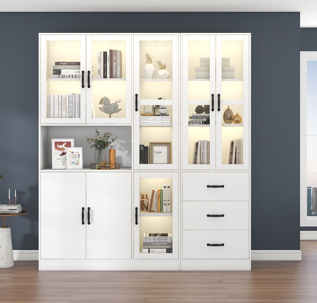 MODFU Standvitrine Modernes weißes Kombivitrinen-Set (Buffet Hochschrank, 200 cm hoch und 180 cm lang, weiße Standvitrine mit LED-Beleuchtung)