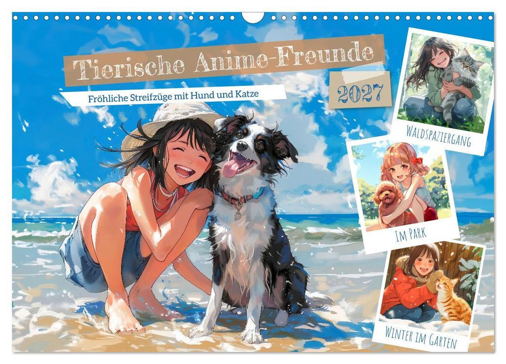 Tierische Anime-Freunde - Fröhliche Streifzüge mit Hund und Katze (Wandkalender 2027 DIN A3 quer), CALVENDO Monatskalender