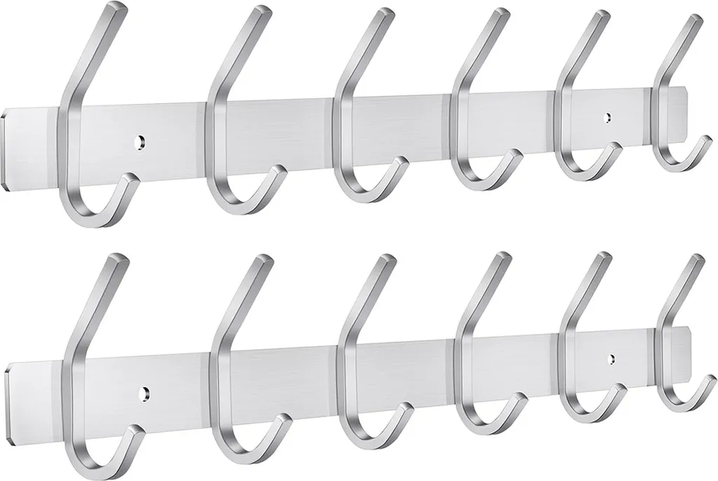 Portemanteau mural en acier inoxydable avec 6 crochets argent - Lot de 2