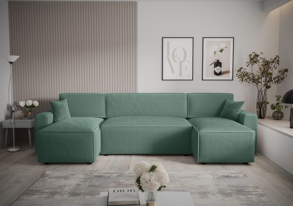 Ecksofa Alvito U BIS, Farbe: Patina. Material: Kord. A: B: 330 cm,H: 85 cm,Otomana Länge: 140 cm, Eckcouch, Schlafcouch, Sofa bed, Schlafsofa