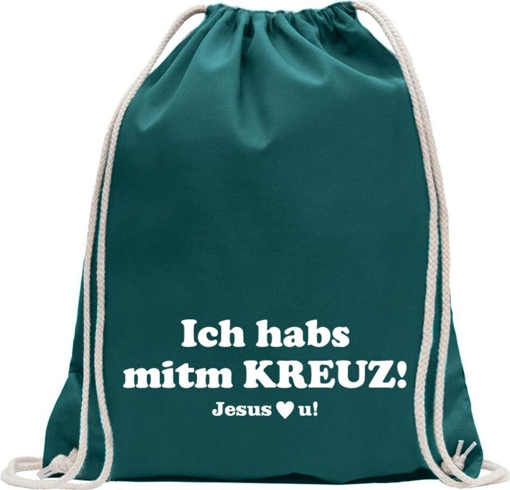 Kiwistar - Turnbeutel - petrol - Ich hab Kreuz - Jesus love u - Fun Rucksack Sport Beutel Gymsack Baumwolle mit Ziehgurt