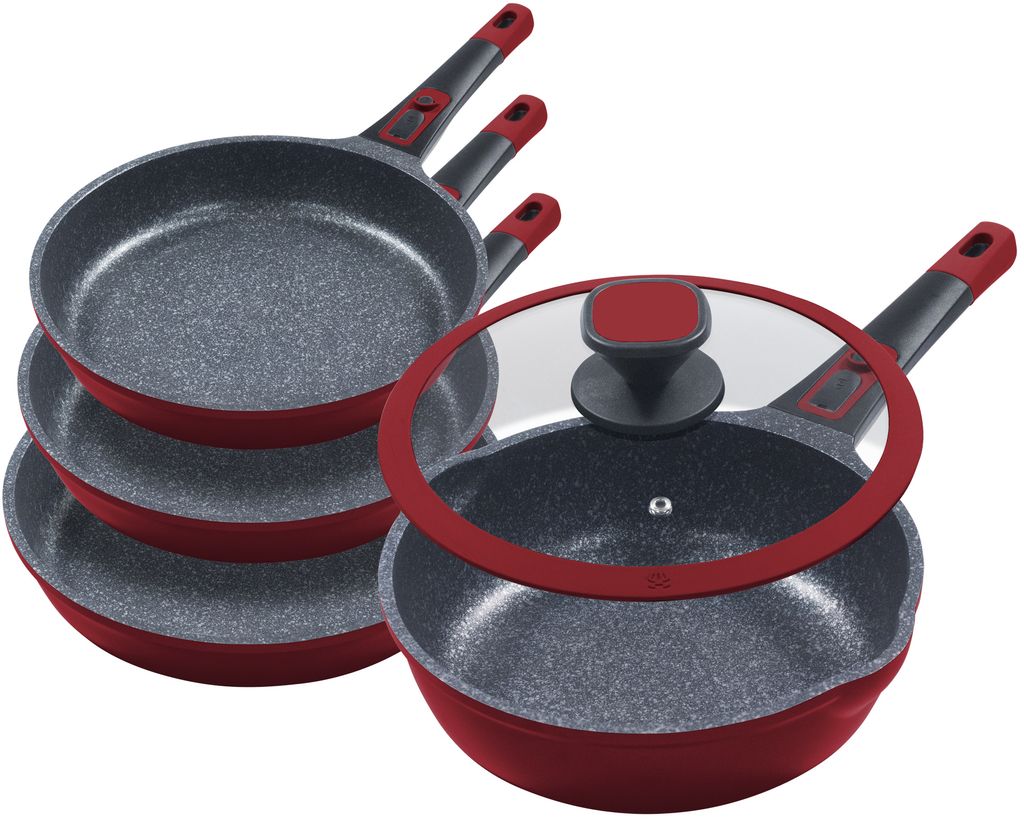 5tlg. Profi-Bratpfannenset »Moonscape 4er« ROT Bratpfannen flach (Ø20cm Ø24cm Ø28cm) + Bratpfanne tief (Ø28cm) mit Glasdeckel
