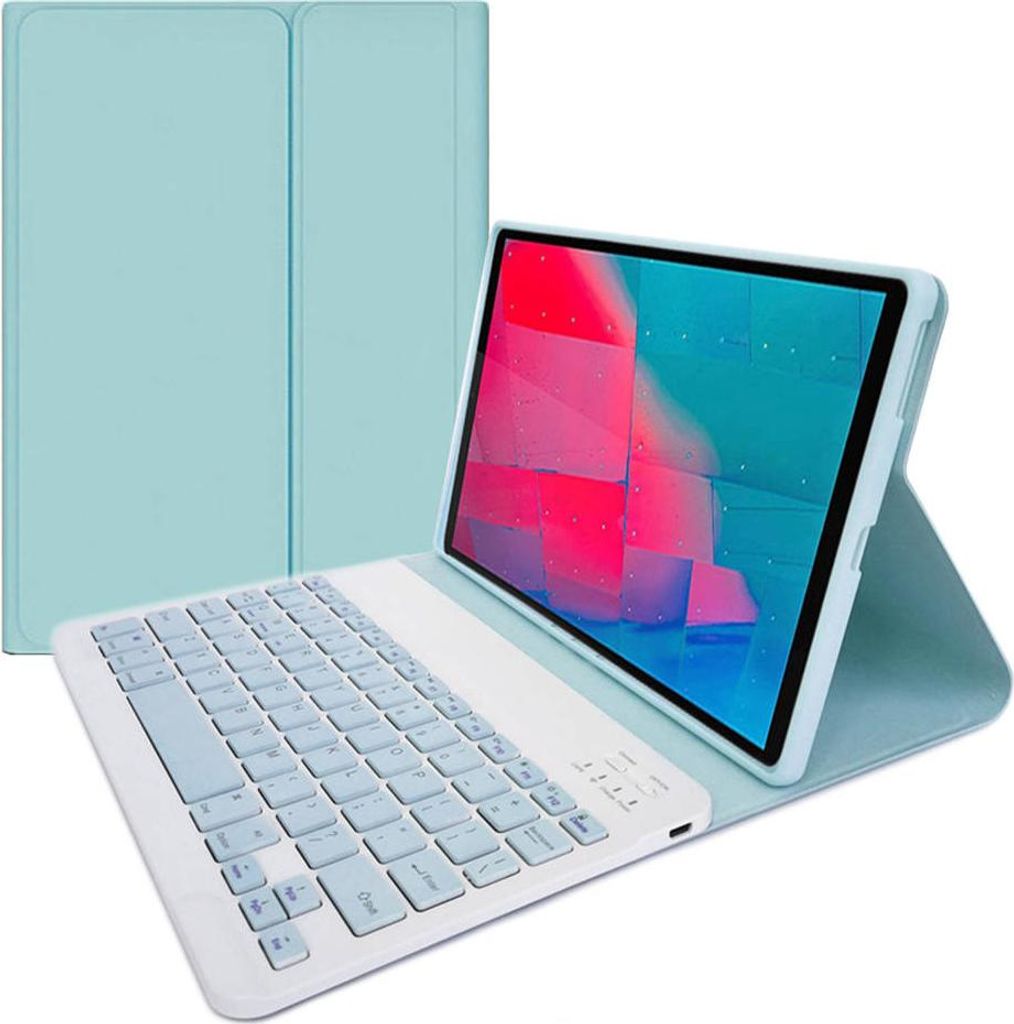 A light blue tablet case with an attached keyboard is shown in a studio setting against a white background. The tablet is open and propped up by the case, displaying a colorful abstract wallpaper. The keyboard is white with light blue keys.