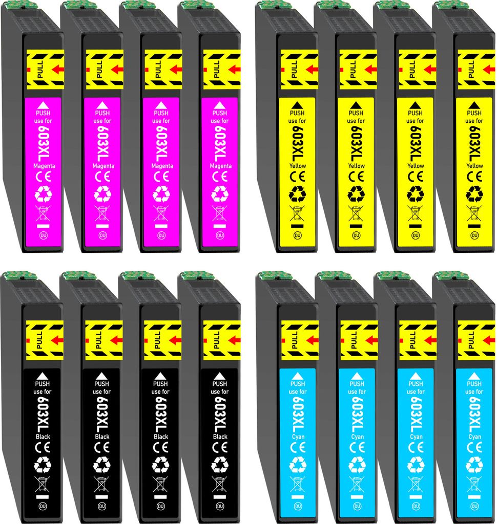 A collection of printer ink cartridges arranged in rows.
