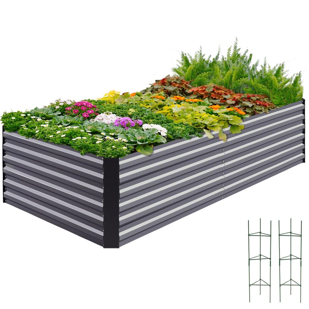 Quictent Hochbeet Metall 120 x 90 x 56cm, Kräuterbeet ohne Boden für Garten, Gemüsebeet Pflanzkasten Frühbeet mit Tomatenkäfigen, Grau