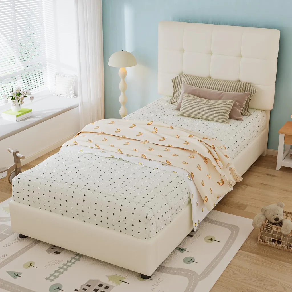 Lit 90x200cm avec Tête de Lit Rembourrée pour un Sommeil en Sécurité