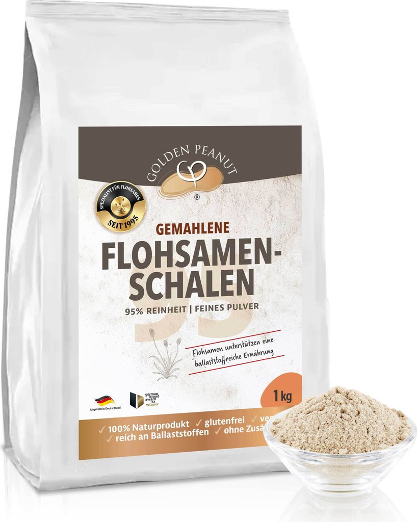 GOLDEN PEANUT Flohsamenschalen Pulver 95% 500 g, Psyllium fein gemahlen, ohne Zusätze, glutenfrei, ideale Backzutat