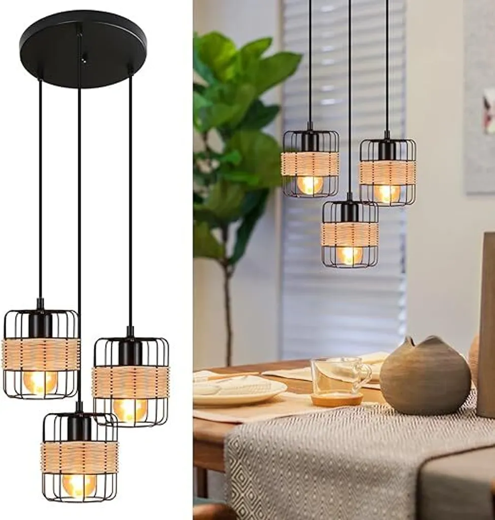 Suspension Luminaire de Salon Rustique 3 Lampes en Rotin et Métal Noir