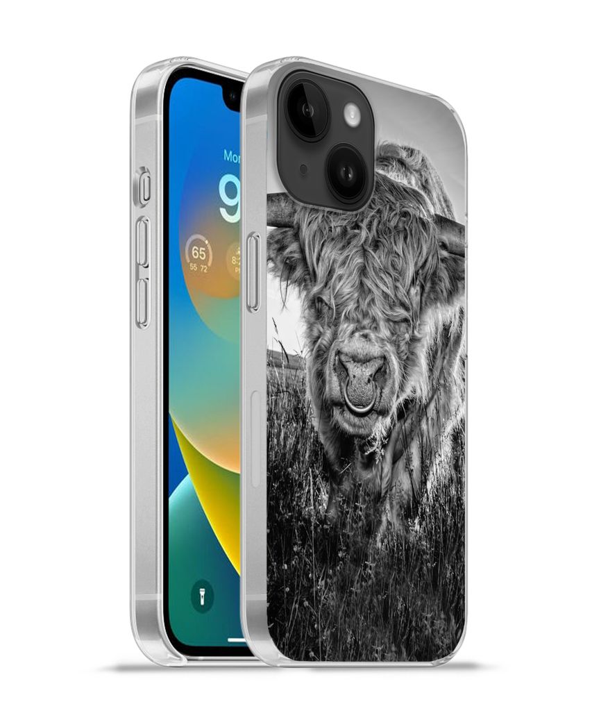 MuchoWow Handyhülle Schutzhülle Hülle für Apple iPhone 14 - Softcase Schottischer Highlander - Schwarz und Weiß Silikon Softcase Handy Hüll...