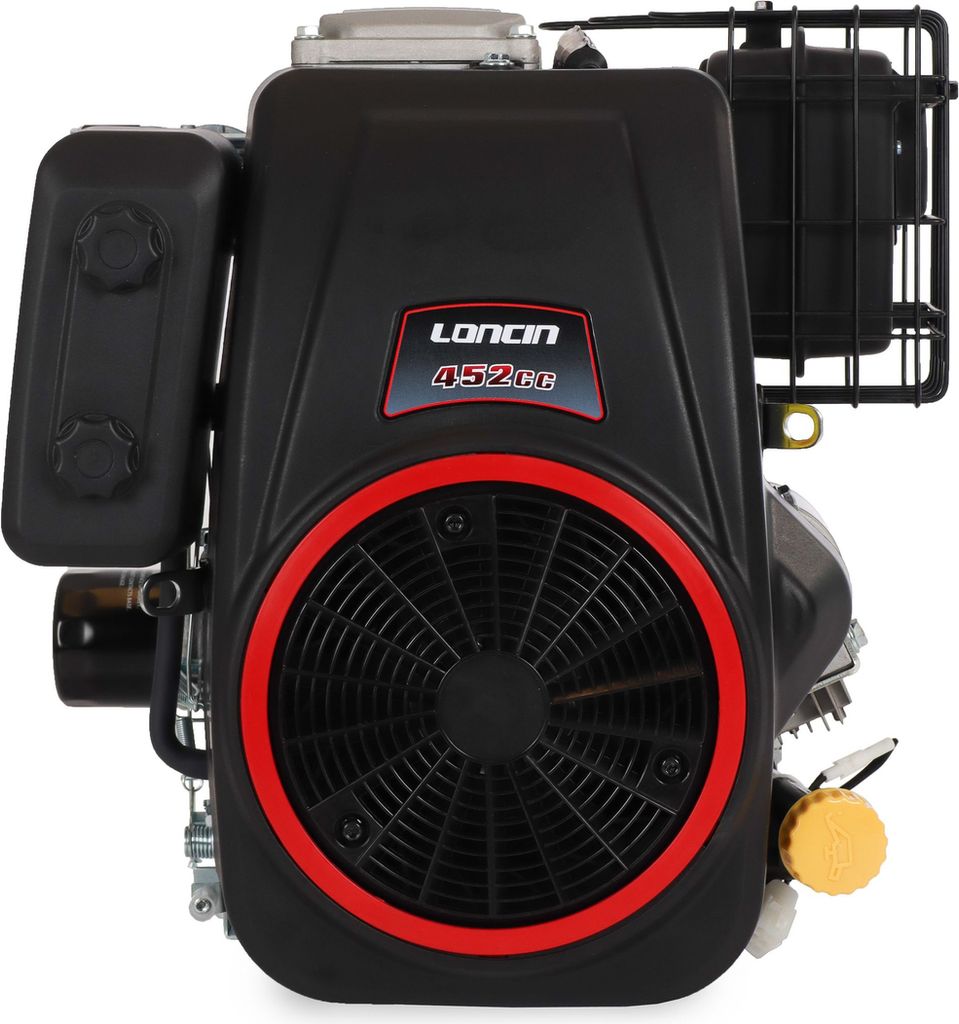 A black engine with red accents and a yellow cap.
