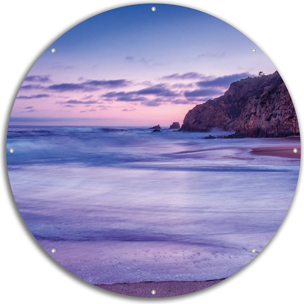 Wallario rundes Outdoor-Poster für Garten oder Balkon, Motiv Kalifornischer Strand am Abend mit Felsenküste, 60 cm Durchmesser