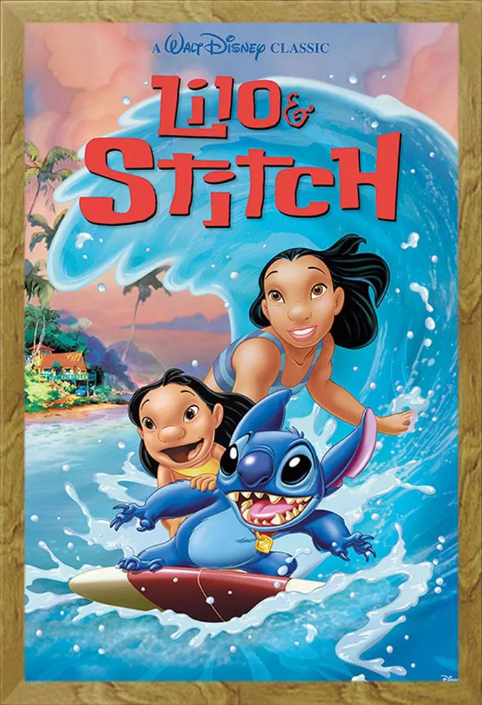 Poster Lilo & Stitch Wave Surf: Atmosfera Hawaii con Cornice Rovere