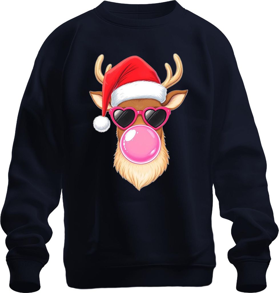 Weihnachtsrentier mit Kaugummi Herzbrille Weihnachtsmütze Cool Uni Sweatshirt Pullover, Navy, XXL
