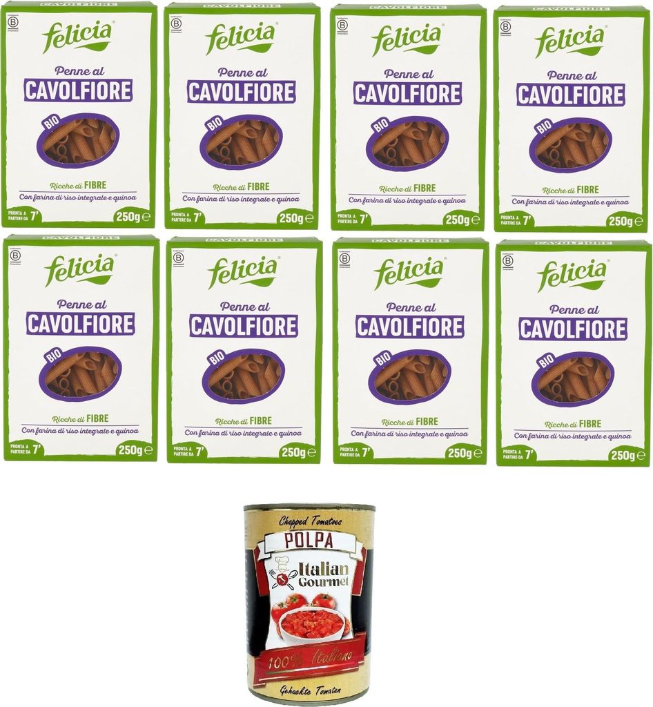 Felicia Penne al Cavolfiore Con farina di riso integrale e quinoa Blumenkohl-Penne mit braunem Reismehl und Quinoa 8x250gr + Italian Gourmet polpa ...