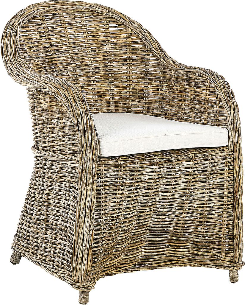 BELIANI Gartensessel Natürlich Rattan mit hoher Rückenlehne Auflage Cremeweiß Baumwolle Terrasse Balkon Außen Wohnzimmer Gartenzubehör im Retr...