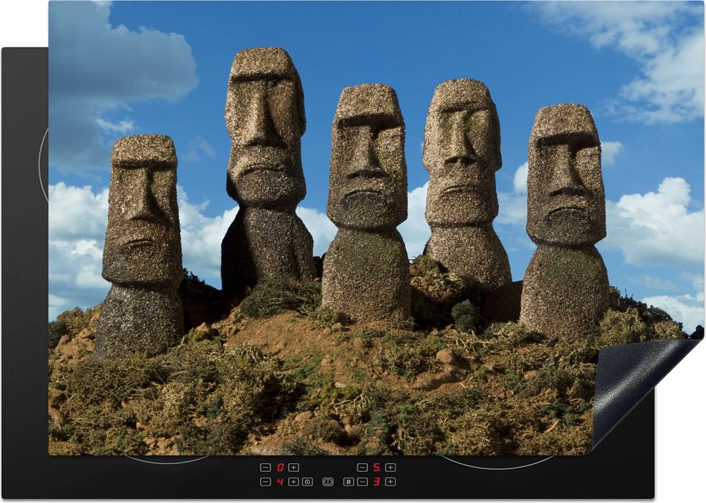 KitchenYeah Herdabdeckplatte Fünf Moai-Statuen auf der Osterinsel , 75x52cm, Küche Deko, Glaskeramikkochfeld Herdabdeckung, Abdeckplatte fùr K...