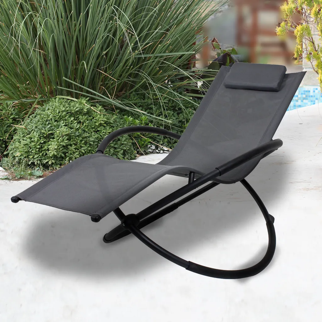 Chaise longue à bascule de jardin noire avec son coussin cervical ergonomique