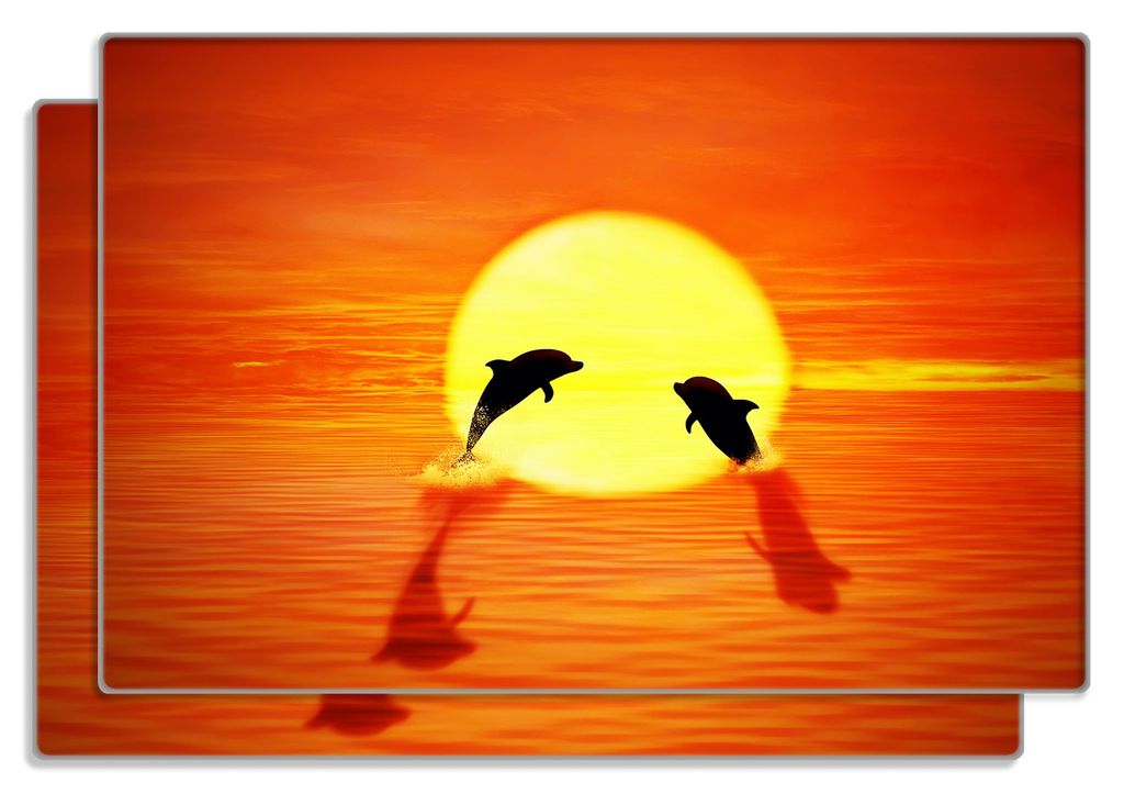 Wallario Frühstücksbrettchen 2er Set aus Glas, je 20 x 30 cm, mit rutschfesten Füßen, Motiv Delphine im Sonnenuntergang