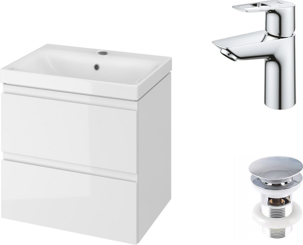 VBChome Badmöbel 50 cm Weiß mit GROHE Armatur Chrom und Pop-up ventil Waschbecken mit Unterschrank 2-Schubladen Hängeschrank GROHE Armatur 23337001